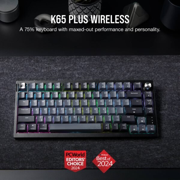 CORSAIR - K65 PLUS RGB 75% Wireless Mechanical Pre-Lubricated MLX Red Linear Switch Gaming Keyboard with Hot-Swappable Switches - Black/Gray