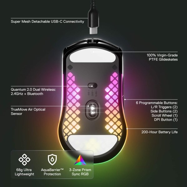 SteelSeries - Aerox 3 Super Light Honeycomb Wireless RGB Optical Gaming Mouse - Wireless - Onyx