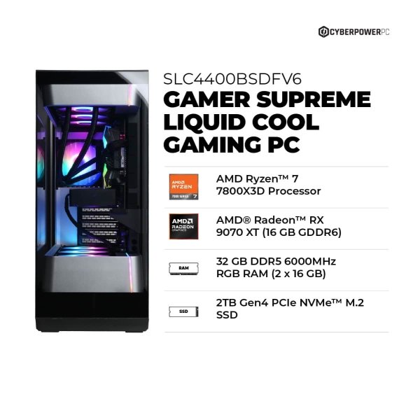 CyberPowerPC - Gamer Supreme Gaming Desktop - AMD Ryzen 7 7800X3D - 32GB Memory - AMD Radeon RX 9070 XT 16GB - 2TB PCIe 4.0 SSD - Black