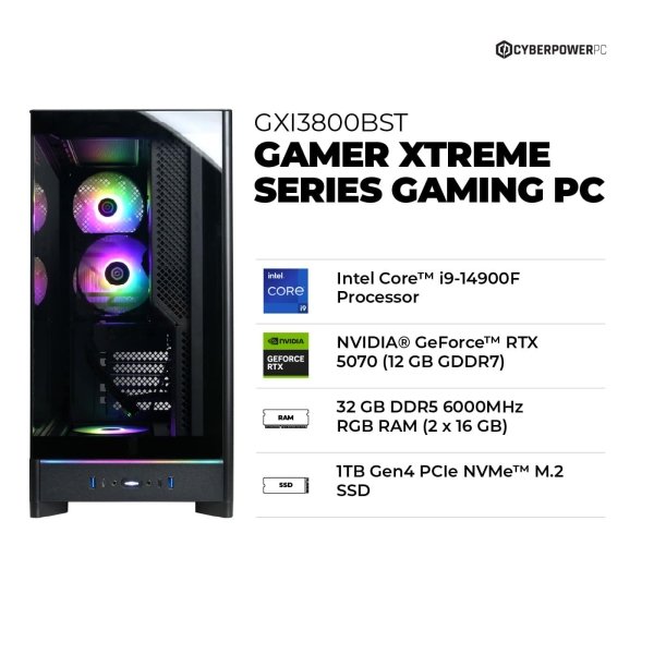 CyberPowerPC - Gamer Xtreme Gaming Desktop - Intel Core i9-14900F - 32GB Memory - NVIDIA GeForce RTX 5070 12GB - 1TB PCIe 4.0 SSD - Black