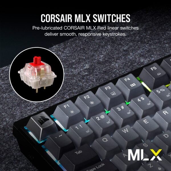 CORSAIR - K65 PLUS RGB 75% Wireless Mechanical Pre-Lubricated MLX Red Linear Switch Gaming Keyboard with Hot-Swappable Switches - Black/Gray