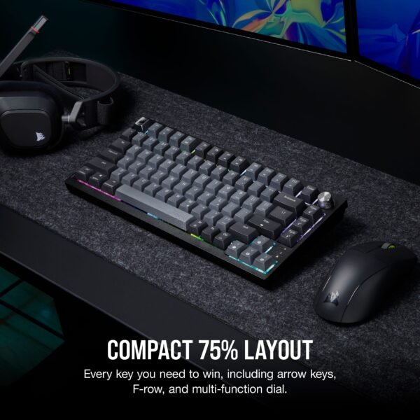 CORSAIR - K65 PLUS RGB 75% Wireless Mechanical Pre-Lubricated MLX Red Linear Switch Gaming Keyboard with Hot-Swappable Switches - Black/Gray
