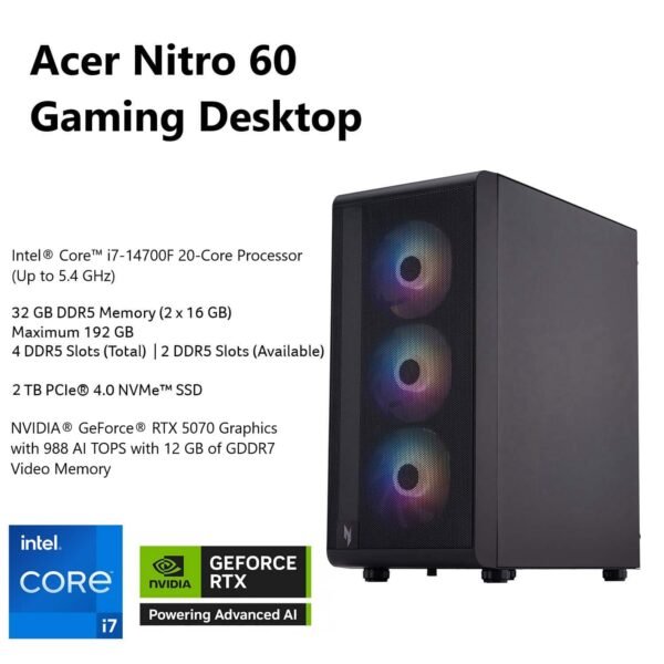 92514e23-8f13-4e01-af9f-1cd7720dc534.jpg Acer - Nitro 60 Gaming Desktop - Intel Core i7-14700F - 32GB DDR5 Memory - NVIDIA GeForce RTX 5070 - 1TB SSD - Black