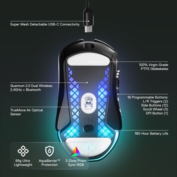f6c30173-50a1-4509-8c5b-07ea8b977bd7.jpg SteelSeries - Aerox 9 Wireless Ultra Lightweight Honeycomb Water Resistant RGB Optical Gaming Mouse With 18 Programmable Buttons - Wireless - Black